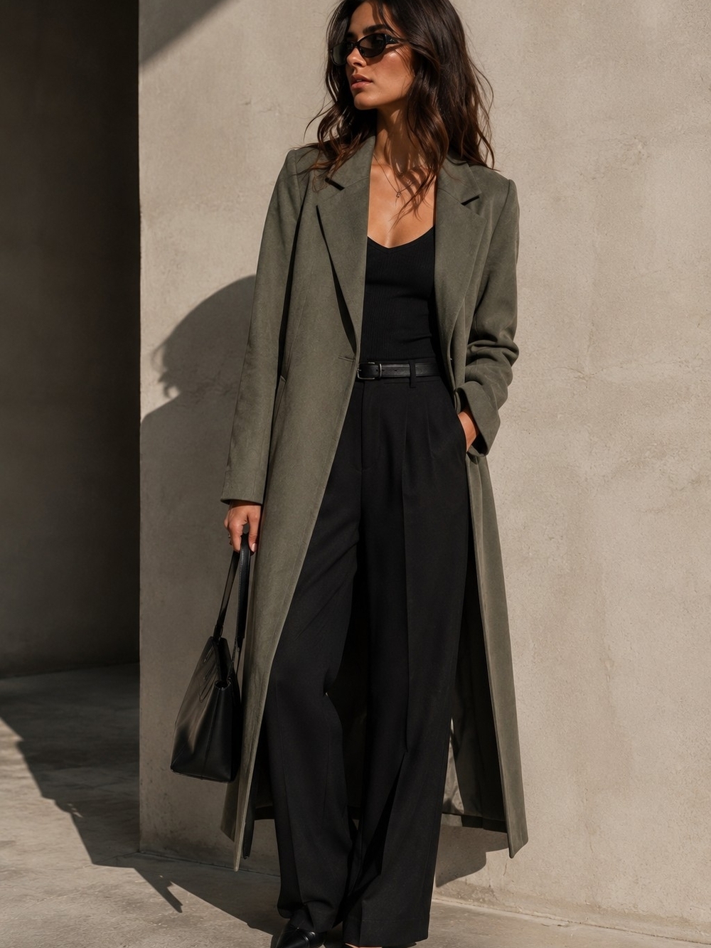 🌿 Suzy Shier Olive Green Faux Suede Long Coat – Size XS